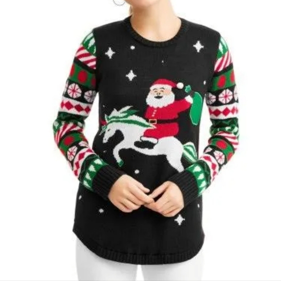 Sweaters - Ugly Christmas Sweater Santa Riding a Unicorn Women's S Multicolor Holiday Retro